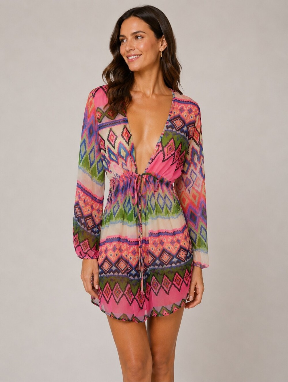 Fashion Fuse Sheer Aztec Southwestern Colorful Swim Cover Up, Small